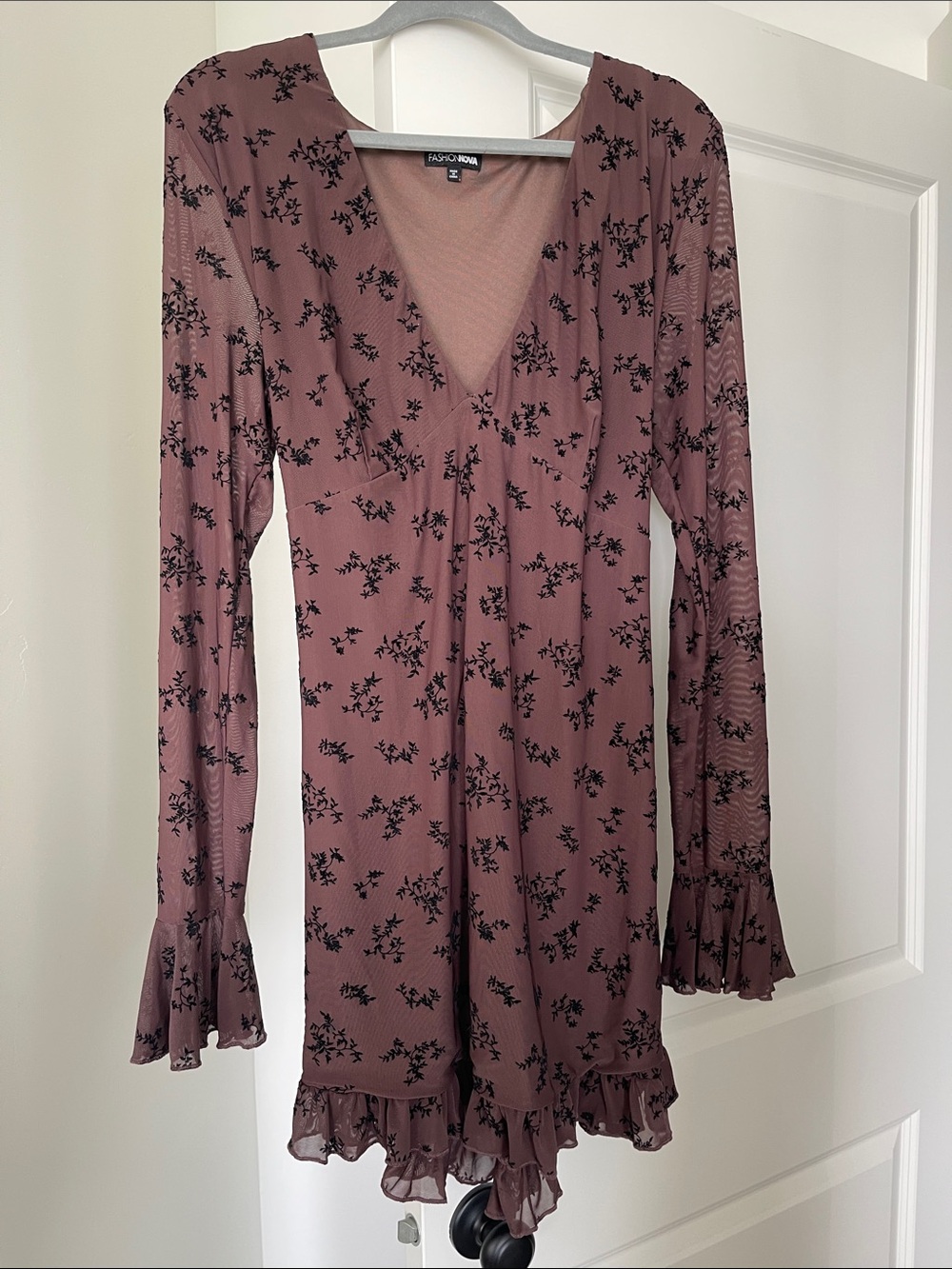 Fashion Nova Brown Long Sleeve Floral Ruffle Dress